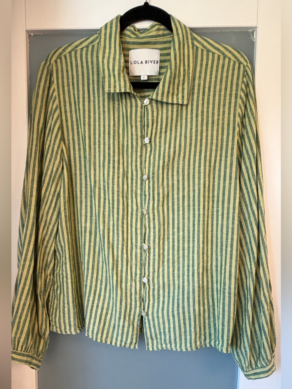 Lola River Green with Stripes Button-up Linen Blend Shirt